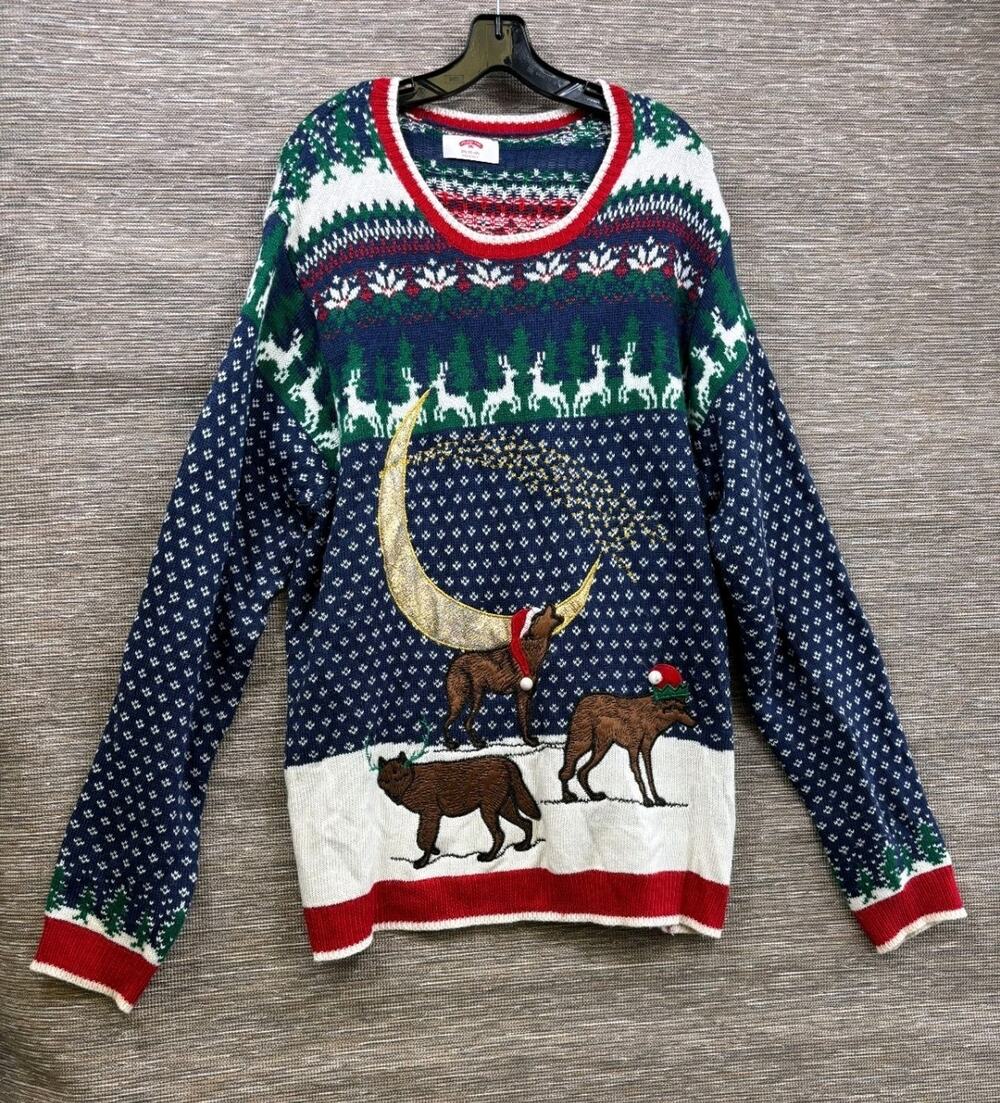 Holiday Time Mens 2XL Ugly Christmas Sweater Wolves Howling Moon Santa Hats Blue